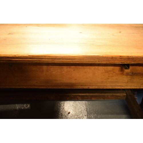 371 - Large Farmhouse scrub top pitch pine kitchen table with end drawers on H stretchers