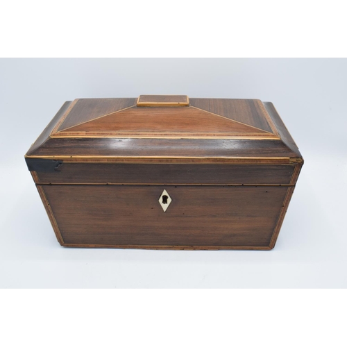 106 - Rosewood tea caddy with boxwood stringing inlay complete with original caddies and an associated mix... 