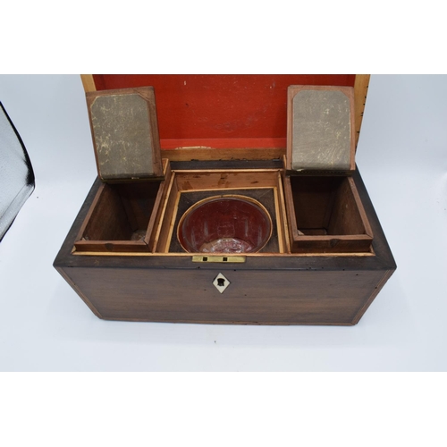 106 - Rosewood tea caddy with boxwood stringing inlay complete with original caddies and an associated mix... 