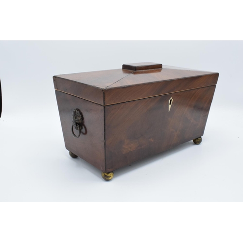 108 - 19th century mahogany tea caddy in a sarcophagus form mounted on brass ball feet. In good condition ... 