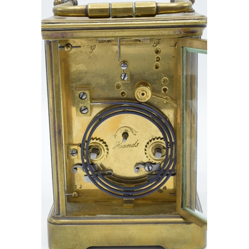 110 - 19th century brass carriage clock with two-train striking movement. When wound up, it doesn't tick, ... 