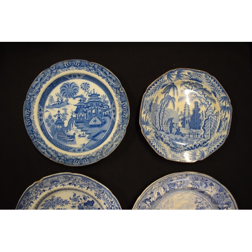 154 - A collection of blue and white plates to include 2 Ridgeway plates circa 1800s, one bu Semi-China an... 