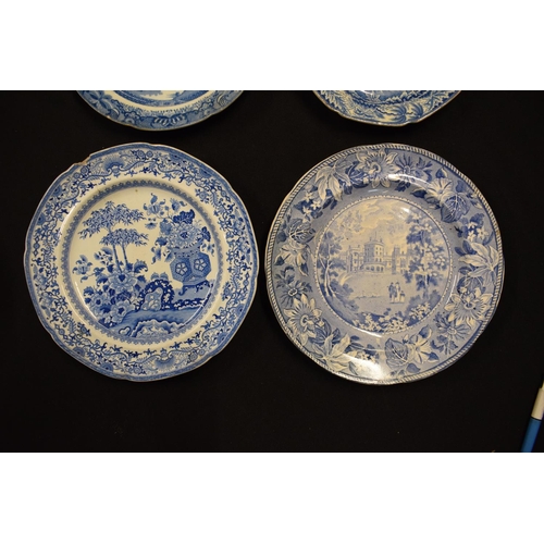 154 - A collection of blue and white plates to include 2 Ridgeway plates circa 1800s, one bu Semi-China an... 