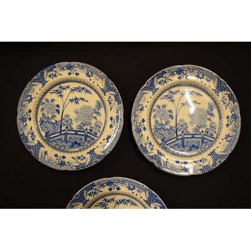 156 - 19th century Davenport blue and white plates in the Bamboo and Peony design, circa 1815. One is crac... 