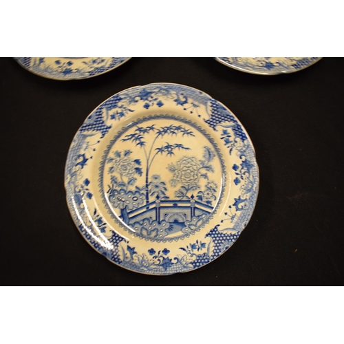 156 - 19th century Davenport blue and white plates in the Bamboo and Peony design, circa 1815. One is crac... 