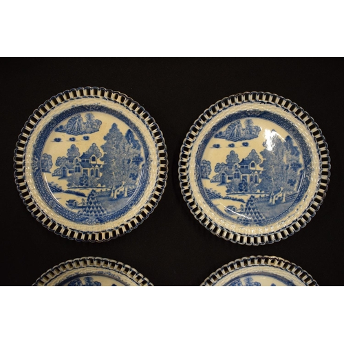 158 - 19th century Ridgway blue and white pierced plates with chinoiserie ruins decoration. All are crazed... 