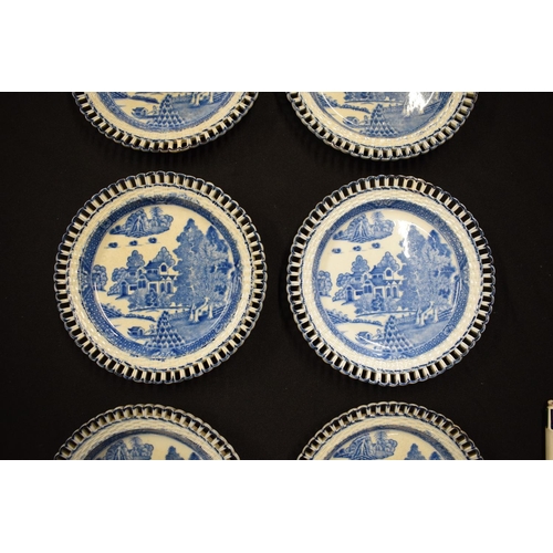 158 - 19th century Ridgway blue and white pierced plates with chinoiserie ruins decoration. All are crazed... 