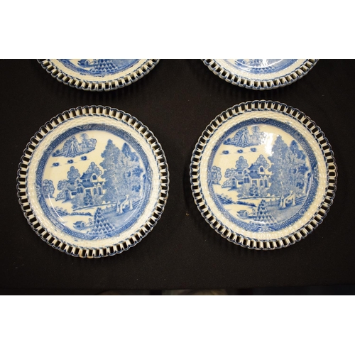 158 - 19th century Ridgway blue and white pierced plates with chinoiserie ruins decoration. All are crazed... 