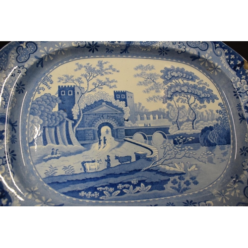 165 - Early 19th century blue and white Clews charger with a castle pattern. There is a chip on the item a... 