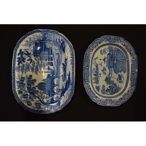 168 - 4 19th century meat dishes to include a pagoda scene etc. All are a/f. No postage available. 46cm wi... 