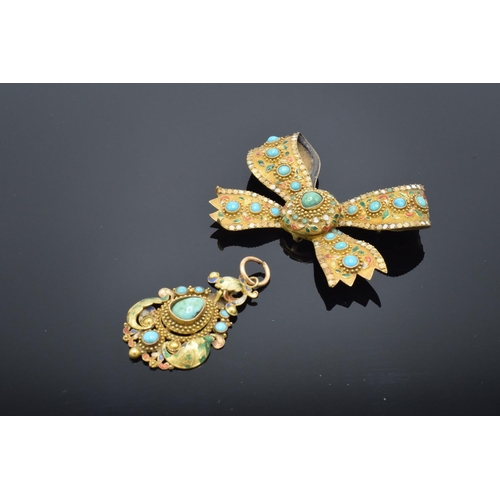 218 - Asian gold coloured metal brooch & pendant set turquoise with enamel decoration: Tested as higher ca... 