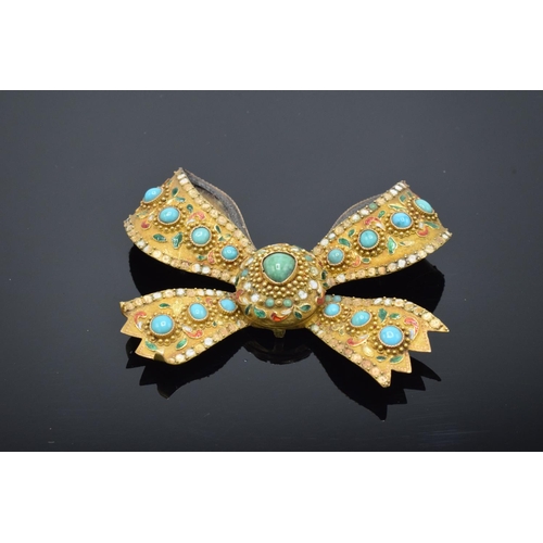 218 - Asian gold coloured metal brooch & pendant set turquoise with enamel decoration: Tested as higher ca... 