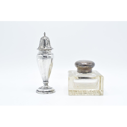 229 - Silver sugar sifter together with silver topped glass inkwell (2) Sifter is dented and leans too. Mi... 