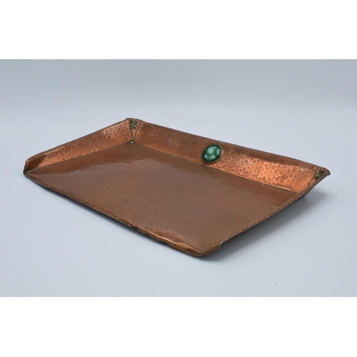 268 - Arts and Crafts copper beaten tray set with cabochon stone 23 x 32cm