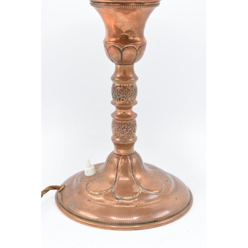 274 - Arts and Crafts copper lamp base converted to electric. Untested. Base is in good condition with som... 