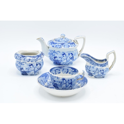 42 - A blue and white part miniature tea set including teapot, milk and sugar (no lid), cup and deep sauc... 