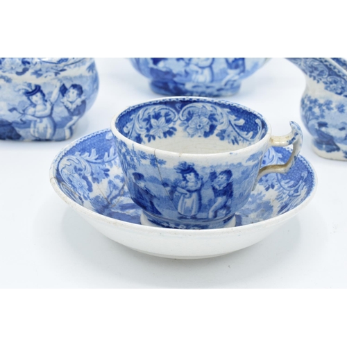 42 - A blue and white part miniature tea set including teapot, milk and sugar (no lid), cup and deep sauc... 