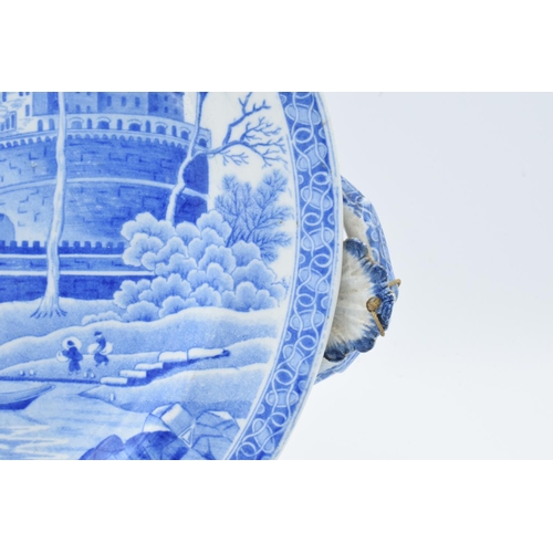 44 - 19th century Spode blue and white Italian scene hot water plate with shell stopper. There is a resto... 