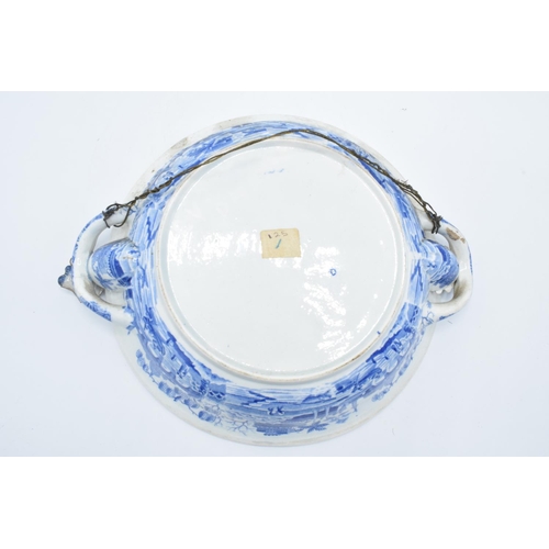 44 - 19th century Spode blue and white Italian scene hot water plate with shell stopper. There is a resto... 