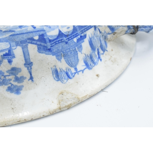 44 - 19th century Spode blue and white Italian scene hot water plate with shell stopper. There is a resto... 