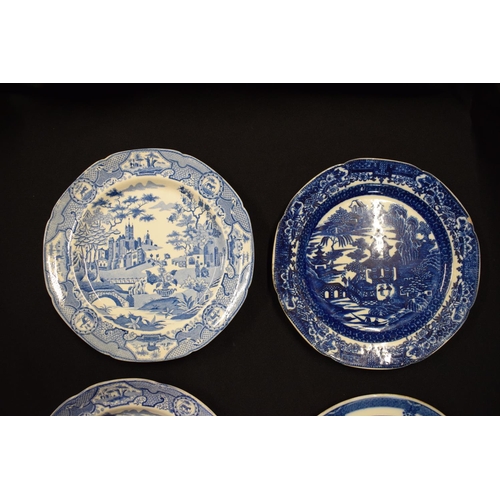 46 - A collection of 19th century blue and white plates to include Spode Gothic Castle x 2 and 2 unmarked... 