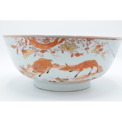 50 - Large 19th century Chinese bowl with unusual red decoration consisting of deer amongst foliage: 29cm... 