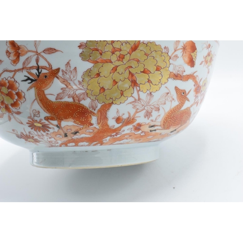 50 - Large 19th century Chinese bowl with unusual red decoration consisting of deer amongst foliage: 29cm... 