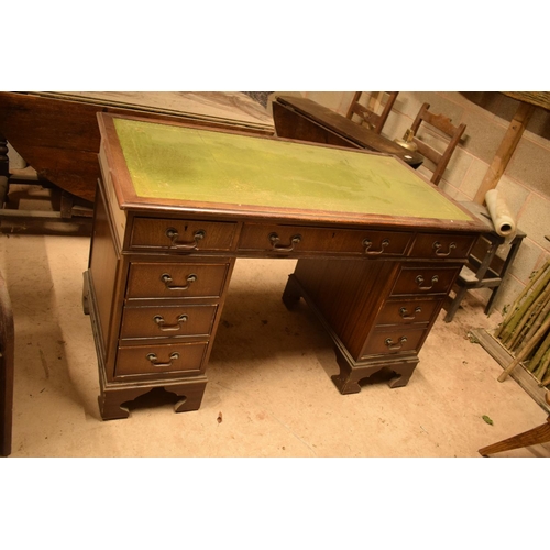 329 - Reproduction wooden desk with leather insert. In need of attention. A bit tatty with cracks to wood ... 