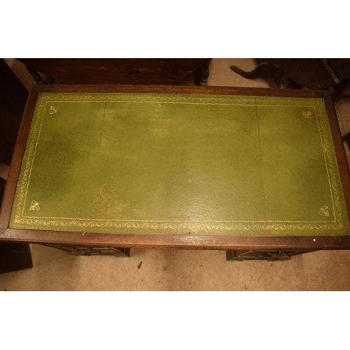 329 - Reproduction wooden desk with leather insert. In need of attention. A bit tatty with cracks to wood ... 