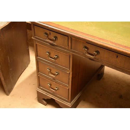 329 - Reproduction wooden desk with leather insert. In need of attention. A bit tatty with cracks to wood ... 