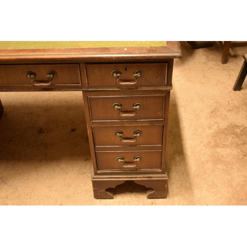 329 - Reproduction wooden desk with leather insert. In need of attention. A bit tatty with cracks to wood ... 