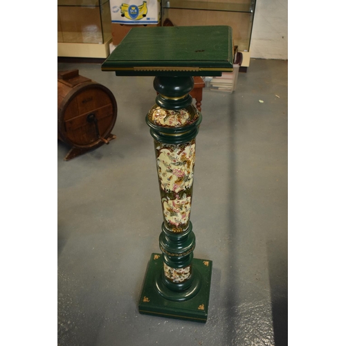 330 - 19th century majolica decoration on new wooden plant stand. Leans to the side, missing some decorati... 