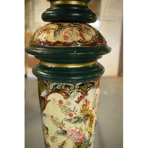 330 - 19th century majolica decoration on new wooden plant stand. Leans to the side, missing some decorati... 