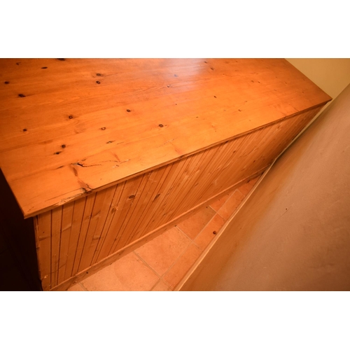 301 - 20th century pine sideboard with 3 draws and 4 doors. Signs of wear and tear and use in a family hom... 