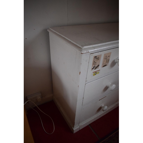 302 - 20th century painted pine chest of drawers. With signs of use and wear in a family home.Stickers are... 