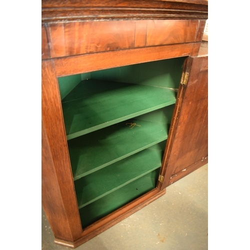 313 - Late Georgian oak inlaid corner cabinet with a bone escutcheon. Some wear and old worm is apparent. ... 