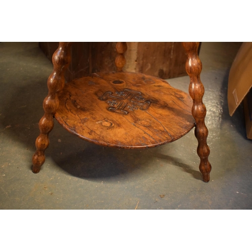 314 - Olivewood Jerusalem tripod table, early 20th century. In bad condition in need of attention. Top ven... 