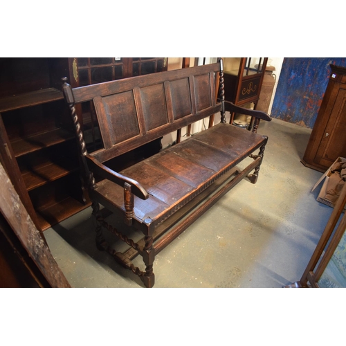 315 - Late 18th century oak carved settle with barley twist supports. In good stable, functional condition... 