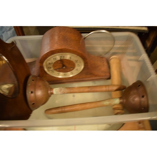 280B - A mixed collection of items to include an oak cased mantle clock, a mirror, a smaller clocker, a cir... 