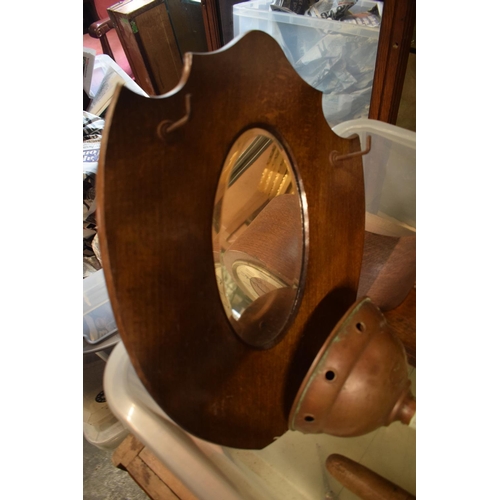 280B - A mixed collection of items to include an oak cased mantle clock, a mirror, a smaller clocker, a cir... 