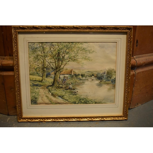 161 - A country scene watercolour of a gentleman fly fishing with a dog, signed J Dennison. there is some ... 