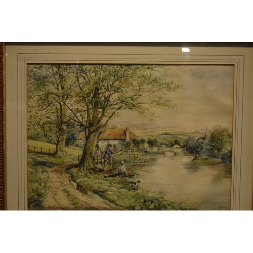 161 - A country scene watercolour of a gentleman fly fishing with a dog, signed J Dennison. there is some ... 