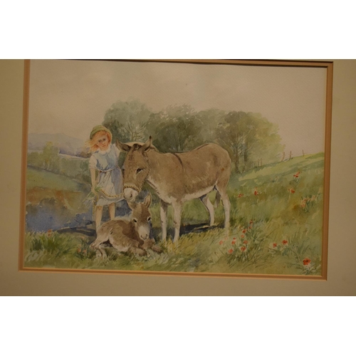 162 - A country scene of a girl with a donkey and a foal signed by J Dennison. There is no glass in the fr... 