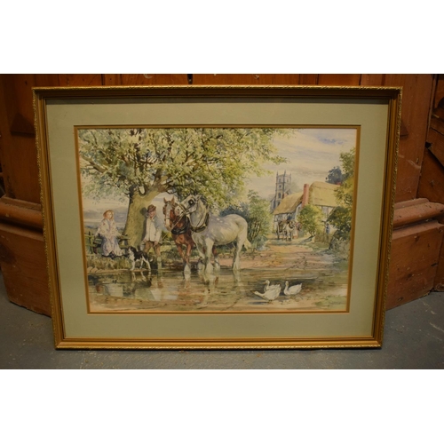 163 - A country scene of a man walking shire horses signed by J Dennison. In good condition. 71 x 54cm inc... 