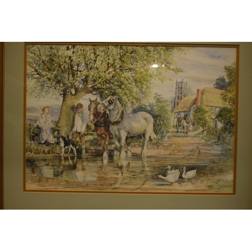 163 - A country scene of a man walking shire horses signed by J Dennison. In good condition. 71 x 54cm inc... 