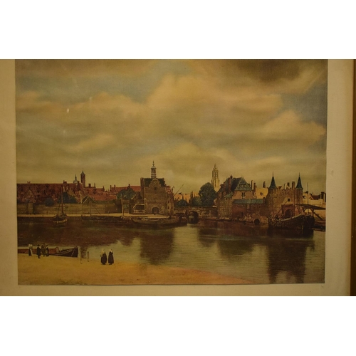 166 - Large 20th century reproduction print of 'View of Delft' by Johannes Vermeer. The frame has a crack ... 