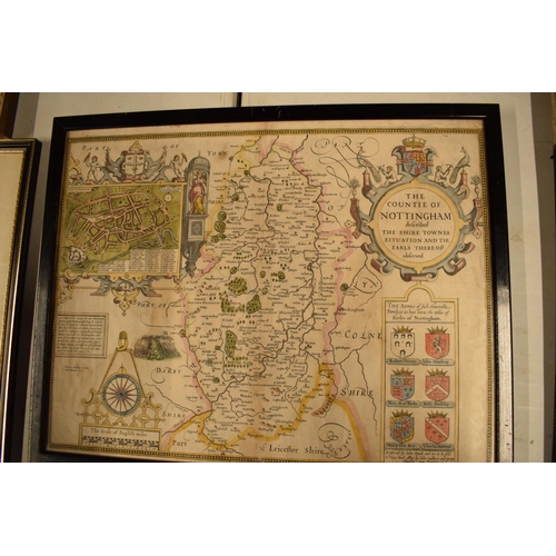 170 - John Speed hand coloured map of Nottingham with history on the reverse. Appears to be in average con... 