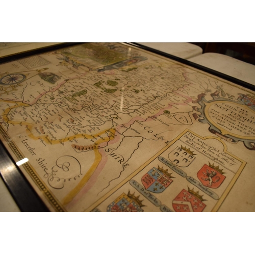 170 - John Speed hand coloured map of Nottingham with history on the reverse. Appears to be in average con... 