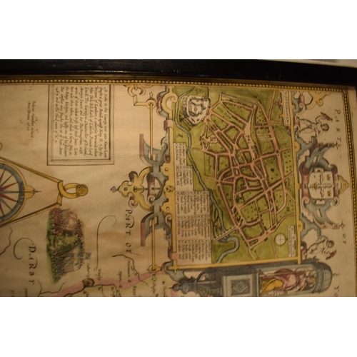 170 - John Speed hand coloured map of Nottingham with history on the reverse. Appears to be in average con... 