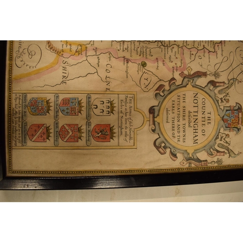 170 - John Speed hand coloured map of Nottingham with history on the reverse. Appears to be in average con... 